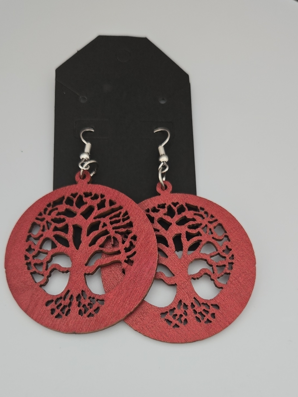 Red Tree of Life Wooden Dangle Earrings